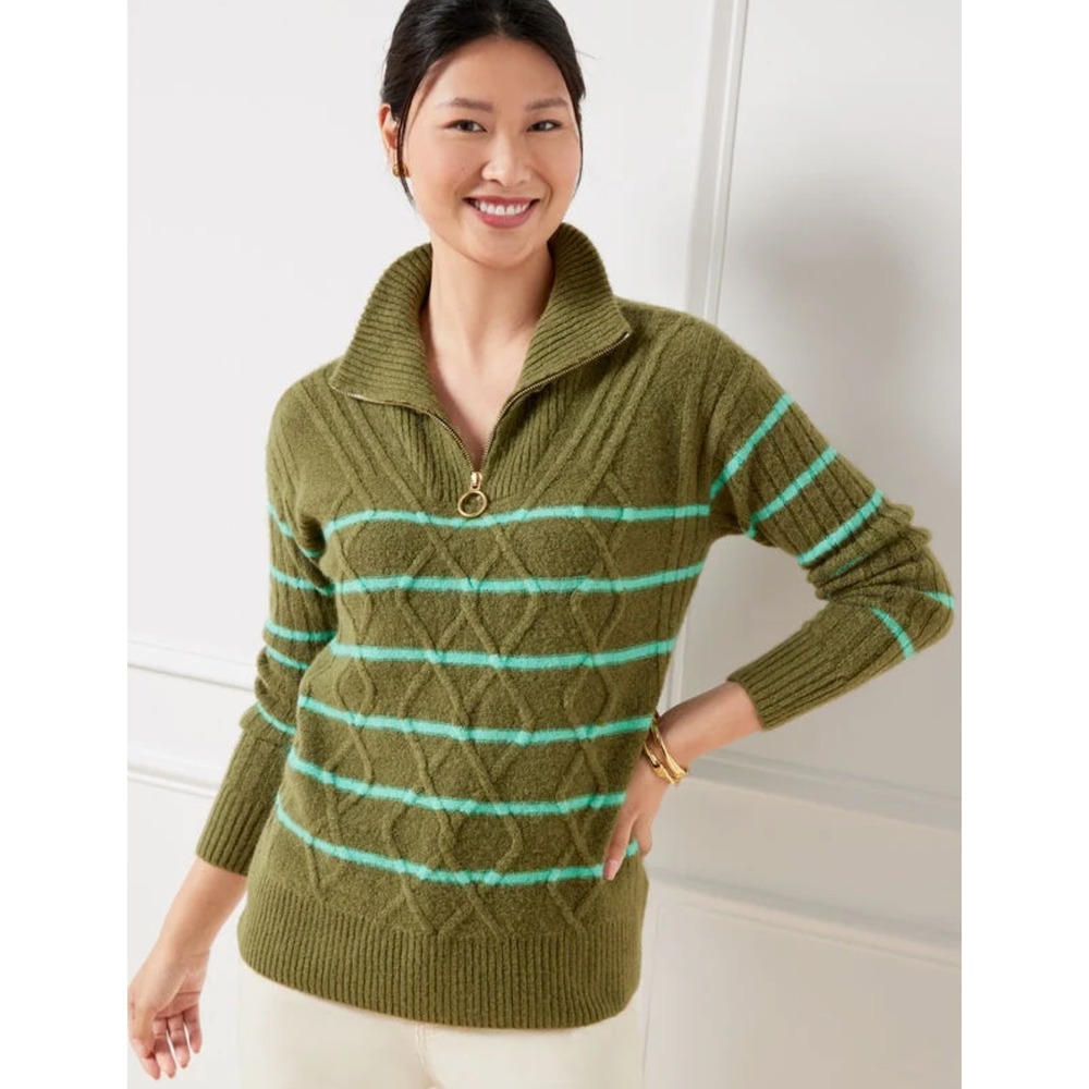 Talbots Plus Cable Knit Half-Zip Sweater Green Stripe Pullover Cozy Size X (0X)